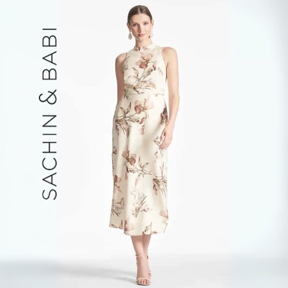 Sachin & Babi Lisandra Satin Crêpe Floral Midi Dress Eggshell Venetia Petals - Picture 1 of 9